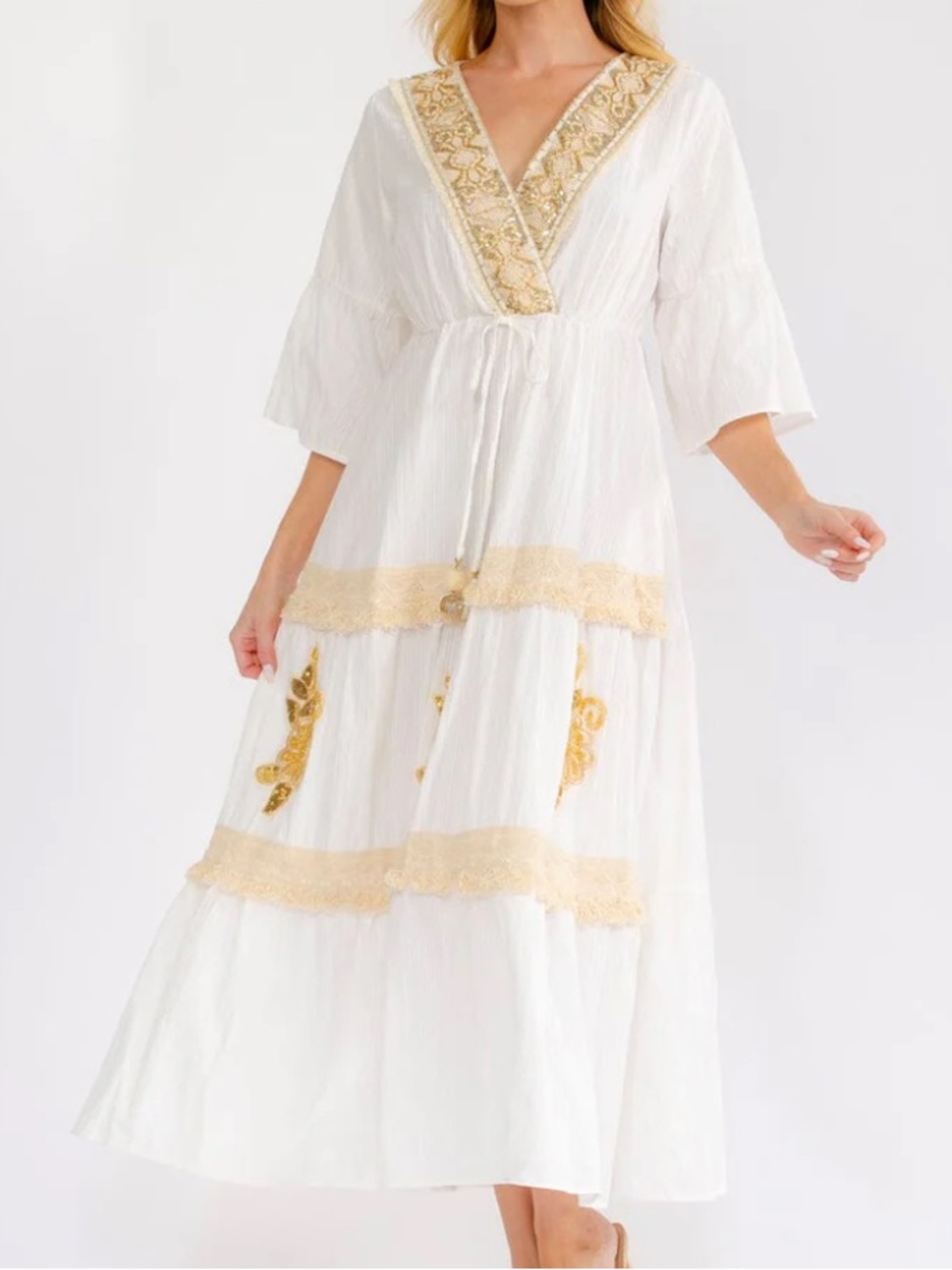 D134 - Boho Cotton Sequin Crochet Embellished 3/4 Sleeve Maxi Dress - Picture 3 of 4